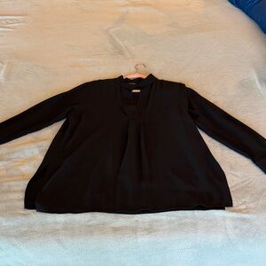 Eileen Fisher Black Long Sleeve Silk Georgette Crepe Stand Collar Top